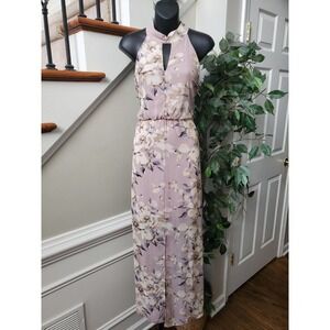 Sienna Sky Women Beige Floral Polyester Halter Neck Sleeveless Long Maxi Dress M